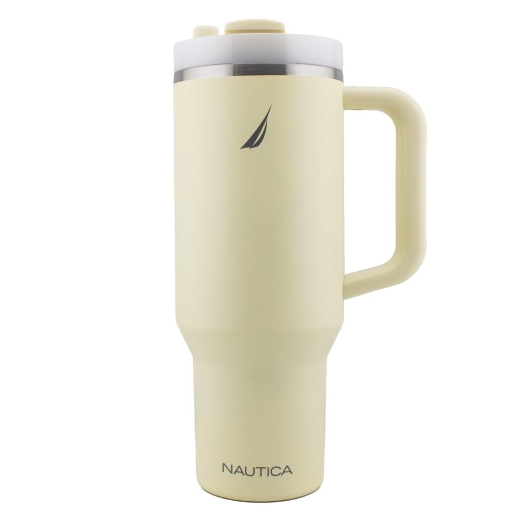 Nautica 40 oz Large Insulated Tumbler with Handle & Straw with screw on cap, Reusable Water Bottle Stainless Steel Travel Mug for Hot Cold or Iced Drink, BPA-Free, Fits Car Cup Holders (Light Yellow)