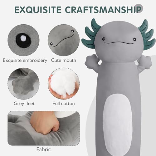 22 inch Cute Giant Grey Axolotl Plush Soft Body Pillow, Large Axolotl Stuffed Animals Toy, Squishy Plushies Gifts for Kids Boys Girls Birthday, Halloween, Christmas