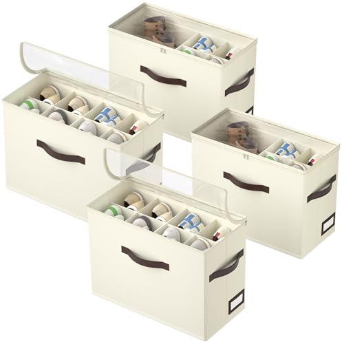 OIAHOMY 4 Pack Beige Foldable Shoe Organizer with Adjustable Dividers, Stackable Shoe Storage Bins for Closet, Fits Up to 32 Pairs