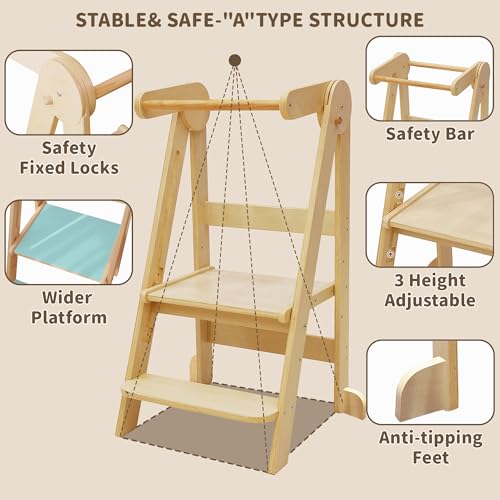 Foldable Toddler Kitchen Step Stool with 3 Adjustable Heights - Natural Wood