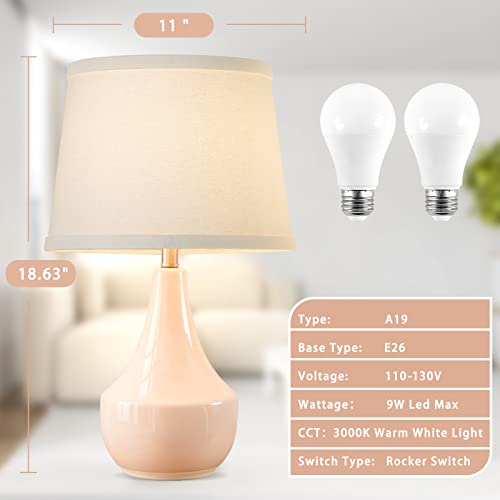 GyroVu 18.63-Inch Pink Ceramic Bedside Table Lamp Set of 2 with LED Bulbs