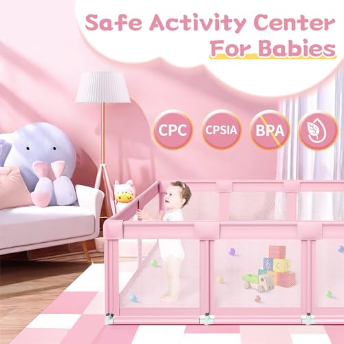 Pink Baby Playpen 74x50x27 Inch Large Indoor & Outdoor Toddler Play Yard with Soft Mesh