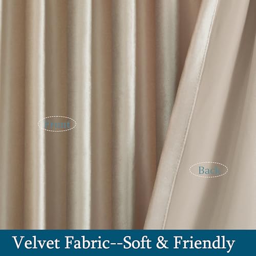 Beige Champagne Velvet Curtains Set of 2, 52W x 108L Inches, Room Darkening, Rod Pocket & Back Tab, Living Room & Bedroom