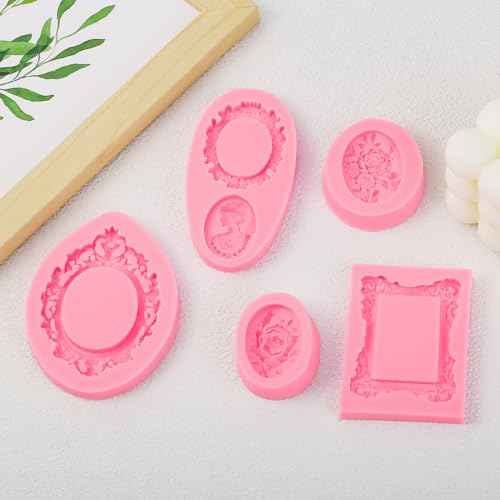 Baroque Frame Fondant Molds 5 Pack, Mini Photo Frame Relief Portrait Flowers Silicone Molds for Cake Decorating, Mousse, Chocolate, Cupcake Toppings, Candy, Sugar Craft, Clay, Epoxy Resin