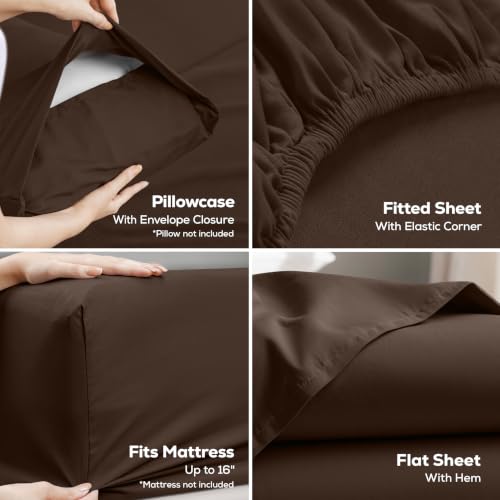 King Sheets Set 4 Pieces Deep Pocket Microfiber Bed Sheets - Brown - King