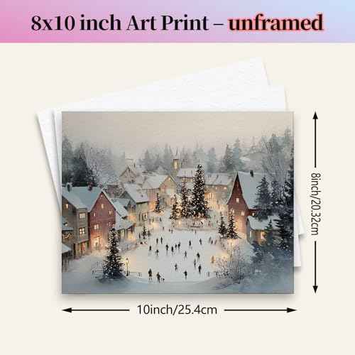 Christmas Village Winter Scene Wall Art Print, Ice Skating Holiday Painting, Snowy Town Square Christmas Decor, Rustic Farmhouse Holiday Wall Artwork, Cozy Festive Home Decoration (8X10inch-Unframed)