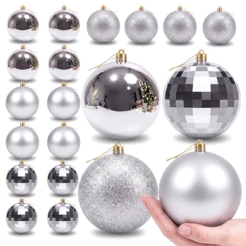 Hollowfly 20-Piece 4in Silver Christmas Ball Ornaments Bulk (Silver Finish, Matte/Gloss/Glitter/Diamond)