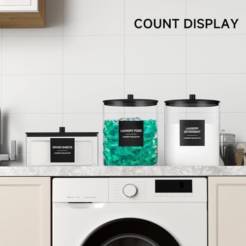 TIPGO Black Glass Jar & Acrylic Dryer Sheet Holder Set with Measuring Cups for Laundry Room Organization