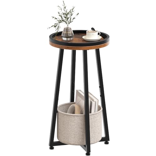 Rustic Brown Small Round Side Table with 2-Tier Design - Compact Sofa End Table