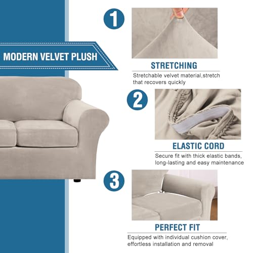 Velvet Sofa Slipcover 4 Piece for 3 Cushion Sofa Up to 90 Inch - French Oak