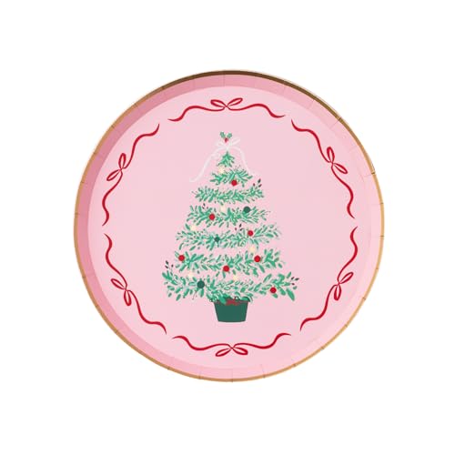 Bonjour Fete Pink Christmas Tree Plates, Dessert Size, 8 Pack, 8in