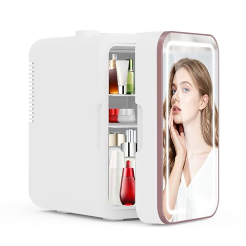 YLFU White Mini Skincare Fridge with Mirror, 6L Portable Cooler & Warmer - A-White-Mirror