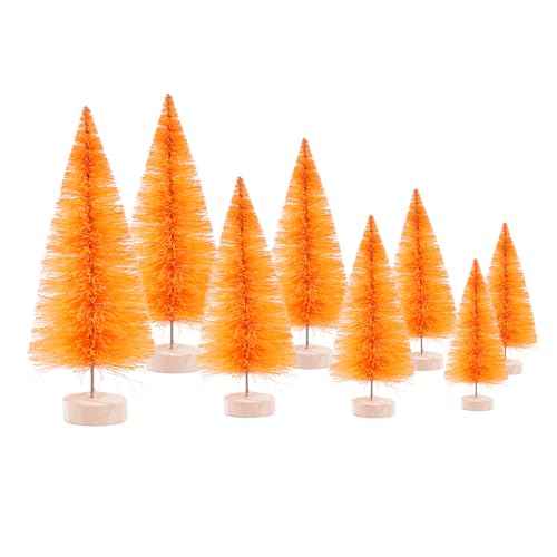 8Pcs Orange Bottle Bursh Trees, Mini Artificial Christmas Tree Frosted Sisal Trees with Wooden Base Vintage Mini Xmas Tree for Christmas New Year Winter Holiday Party Home Table Craft Decor