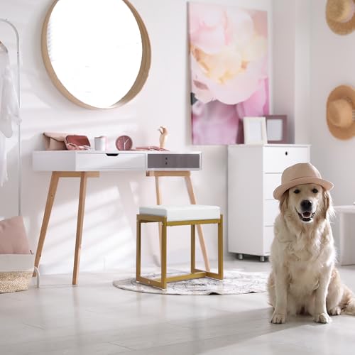 Vanity Stool with Gold Metal Legs - Faux Leather Makeup Bench for Bedroom & Living Room - White & Gold - Compact & Stylish