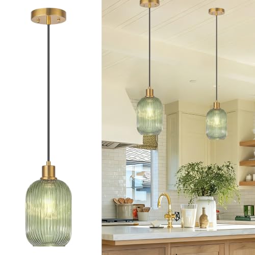 2 Pack Pendant Lights with Vintage Green Ribbed Glass Shades - Adjustable Brushed Gold Fixtures for Kitchen Island, Dining & Living Room (Bulbs Not Included)