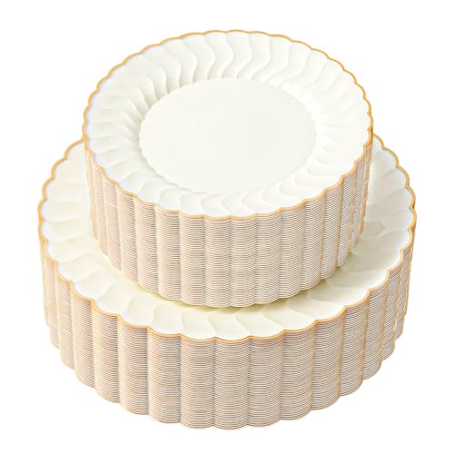 Ivory Scalloped Plastic Plates with Gold Rim - 96pcs Party & Wedding Set - Ivory 96pcs