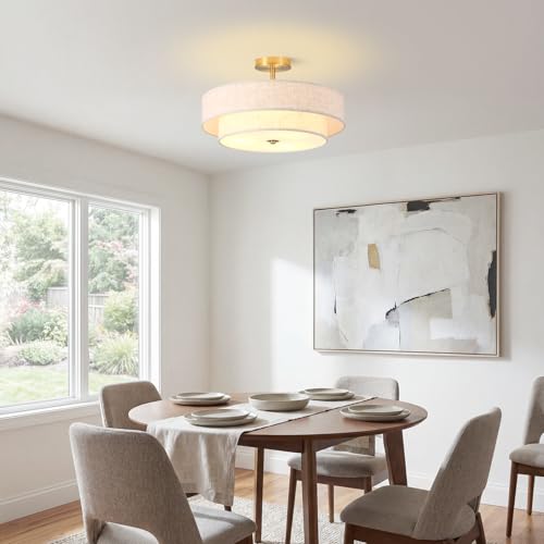 17.71-Inch 2-Tier Gold Semi-Flush Mount Ceiling Light Fixture, 3-Light Double Drum