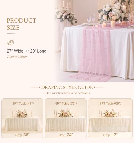 Pink Pearl 10ft Table Runner Tulle Gauze with Pearls - 27x120 inches, Soft Pink