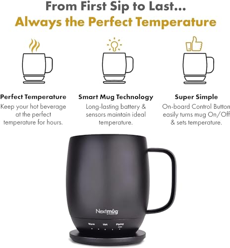 14 oz Temperature-Controlled Coffee Mug - Self-Heating Graphite Smart Mug with Spill-Resistant Lid