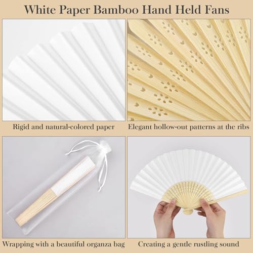 120 Pcs White Bamboo Handheld Paper Fans with Organza Bags Wedding Party Favors