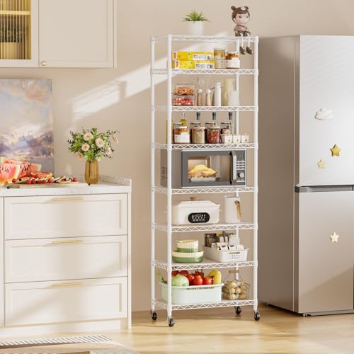 8-Tier Metal Wire Closet Shelf with Wheels, Adjustable Storage, White 12x22x74
