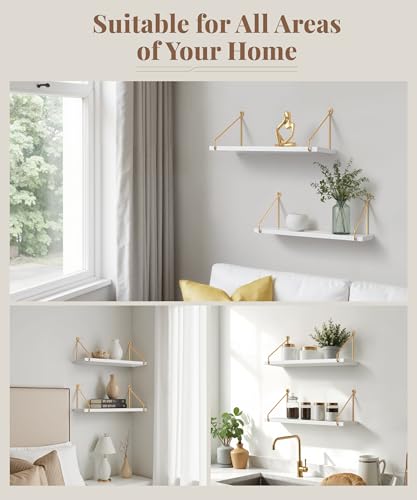 Floating Wall Shelves - White & Gold, 5.7 Inch Diameter, 16.5 Inch Width