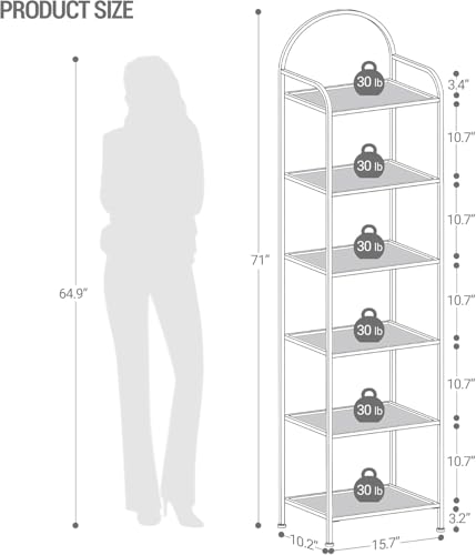 Gold 6-Tier Tempered Glass Bookcase with Oval Top - 10.2D x 15.7W x 70.3H