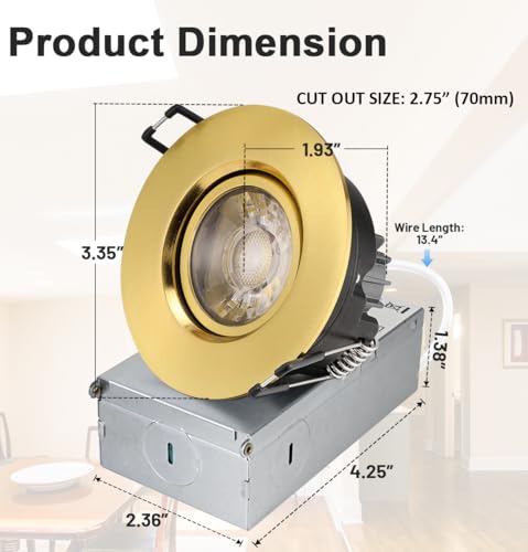 3 Inch Gimbal LED Recessed Lights 6 Pack - Adjustable Downlight, Gold - Variation of THIS listing