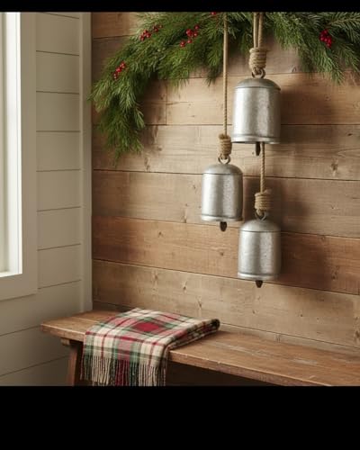 Rustic Silver Christmas Cow Bell Set of 3 - Hanging Wall Decor 4" 5" 8"