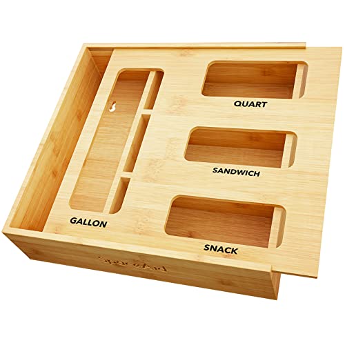 SpaceAid Natural Bamboo Bag Storage Organizer for Kitchen Drawer, 3 Inch Height, 4 Slots
