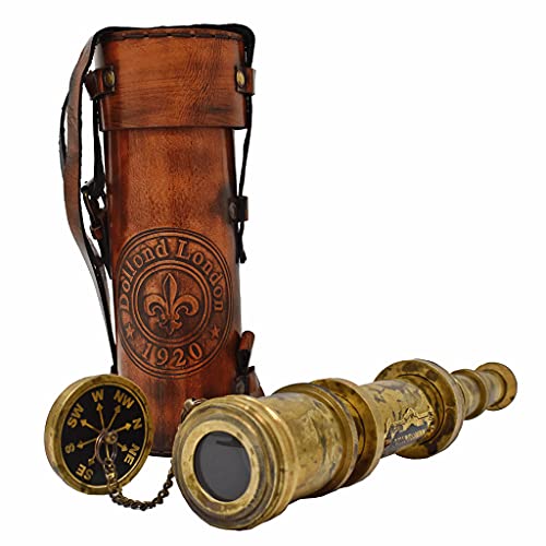 18-Inch Brass Pirate Telescope with Leather Case, Marine Spyglass for Adults & Nautical Gift