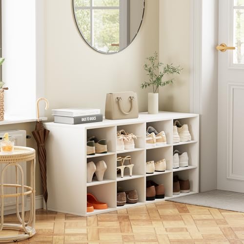 Aenuert 12-Cubby Shoe Rack, 3-Tier Wood Organizer, Multifunctional