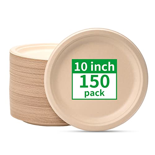 Brown Compostable Paper Plates 10 Inch - 150 Pack | Eco-Friendly Disposable Dinnerware