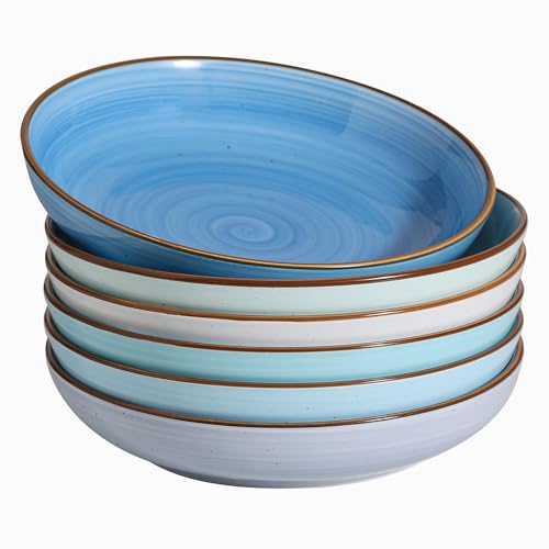 8.5 Inch Pasta Bowls Set of 6 - Gradient Blue Ceramic Salad & Soup Bowls