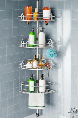 HAMITOR Silver Gray 4-Tier Corner Shower Caddy Tension Pole Organizer