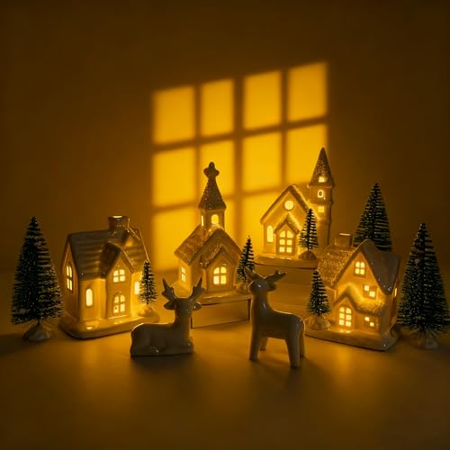 13-Piece Indoor Christmas Village Set with Ceramic Houses & Snowy Trees