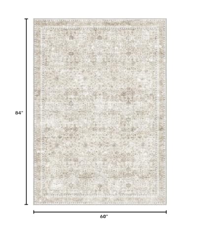Beige 5x7 Area Rug - Ultra-Soft Washable Vintage-Style Living Room Carpet