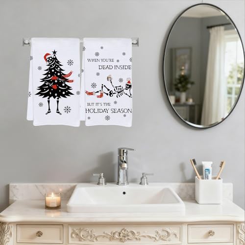 Skeleton Christmas Kitchen Towels 4-Pack - Gothic Black White Red Cotton Dish Towels