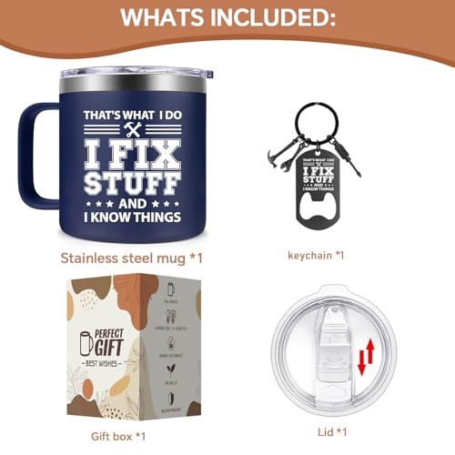 Fufendio Navy Blue I Fix Stuff and I Know Things Mug 14oz - Perfect Dad Gift
