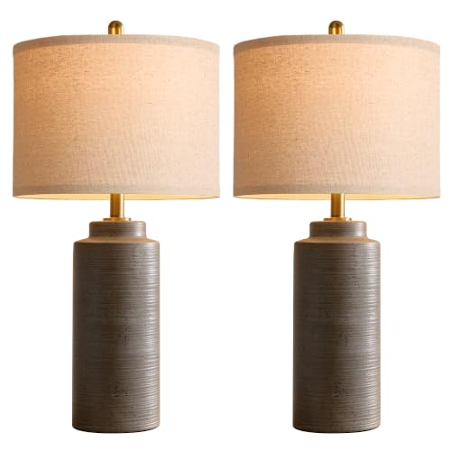 PARTPHONER 27-Inch Vintage Ceramic Table Lamp Set of 2 - Greyish Brown Farmhouse Nightstand Lamps with Ribbed Finish