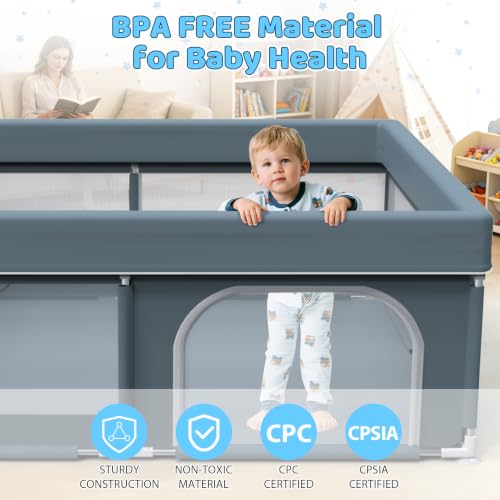 Babyvoye Grey 79x71 Inch Large Indoor & Outdoor Baby Playpen for Toddlers