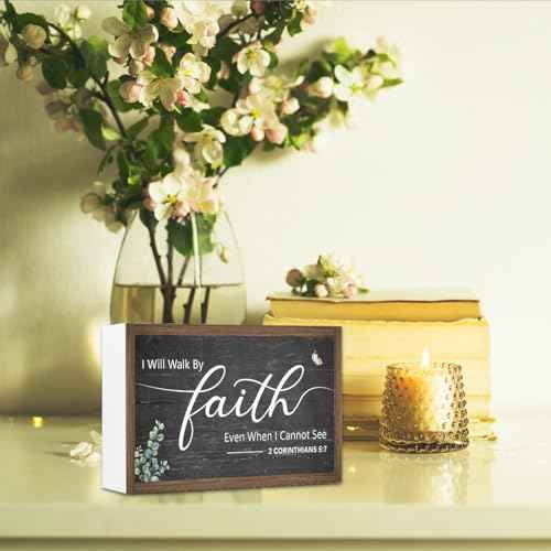I Will Walk By Faith Wooden Box Sign Decor,2 Corinthians 5:7 Scripture Religious 10.3x6 Inches Wood Block Prayer Sign for Christian Home Office Shelf Wall Decor