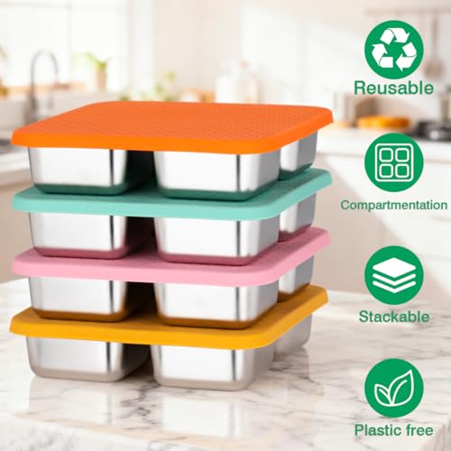 4 Pack Stainless Steel Snack Containers with Leak-Resistant Lids - Food-Grade Reusable Lunch Boxes