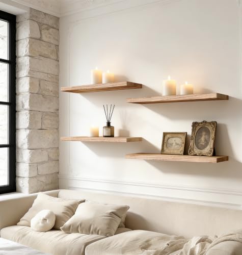 HXSWY 17 Inch Rustic Wood Floating Shelves Set of 6 - Farmhouse Wall Storage, Light Brown