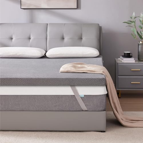 Twin Size Gel Memory Foam Mattress Topper 2 Inch Ventilated High Density Bed Pad with Removable Cover - Grey Variation
