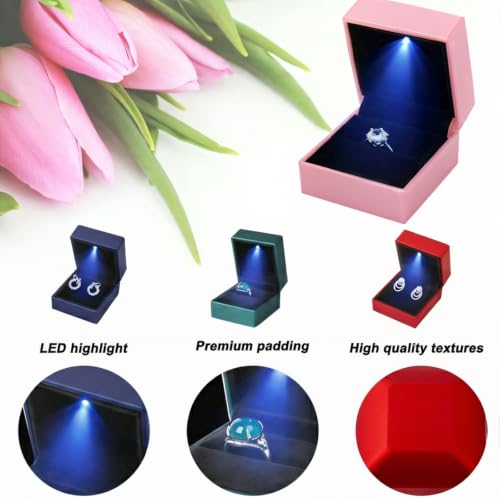 Red Ring Box with Blue LED Light - Square Velvet Jewelry Gift Box for Proposal