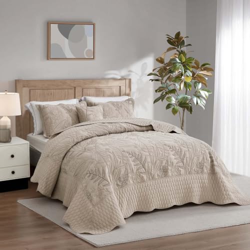 Oversized Full Bedspread Set with Leaf Stitching and Shams - Taupe, 5 Pieces - Variation of THIS listing
