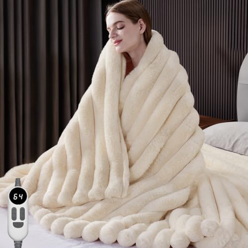 HaloRest Cream White 50x60 Inch Heated Faux Fur Throw Blanket - Electric, Soft & Safe