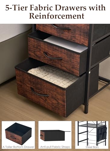 Baoz 57-Inch Brown Nightstand with Charging Station & 5 Drawers - Dorm Bedside Organizer, Adjustable Storage