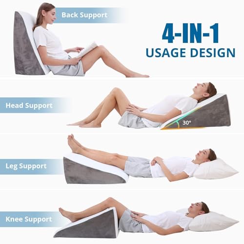 Sasttie Cool Grey Memory Foam Wedge Pillow 24x24x12 Inch Ergonomic Bed Support